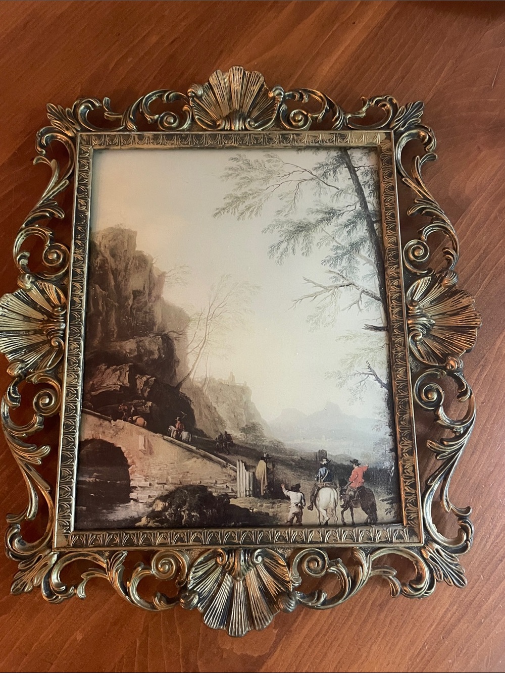 Vintage Framed Bubble Convex Glass Italian Equestrian Landscape Photo